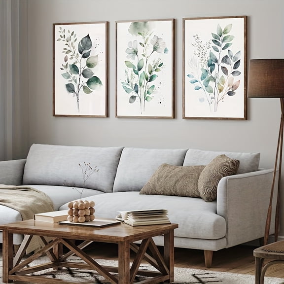 3 Photos/set Of Watercolor Plant Wall Art Posters, Eucalyptus Leaf Wall Decoration Paintings, Floral Art Prints, Bedroom Green Plant Wall Decorations, Frameless Canvas Posters, Suitable for Living R