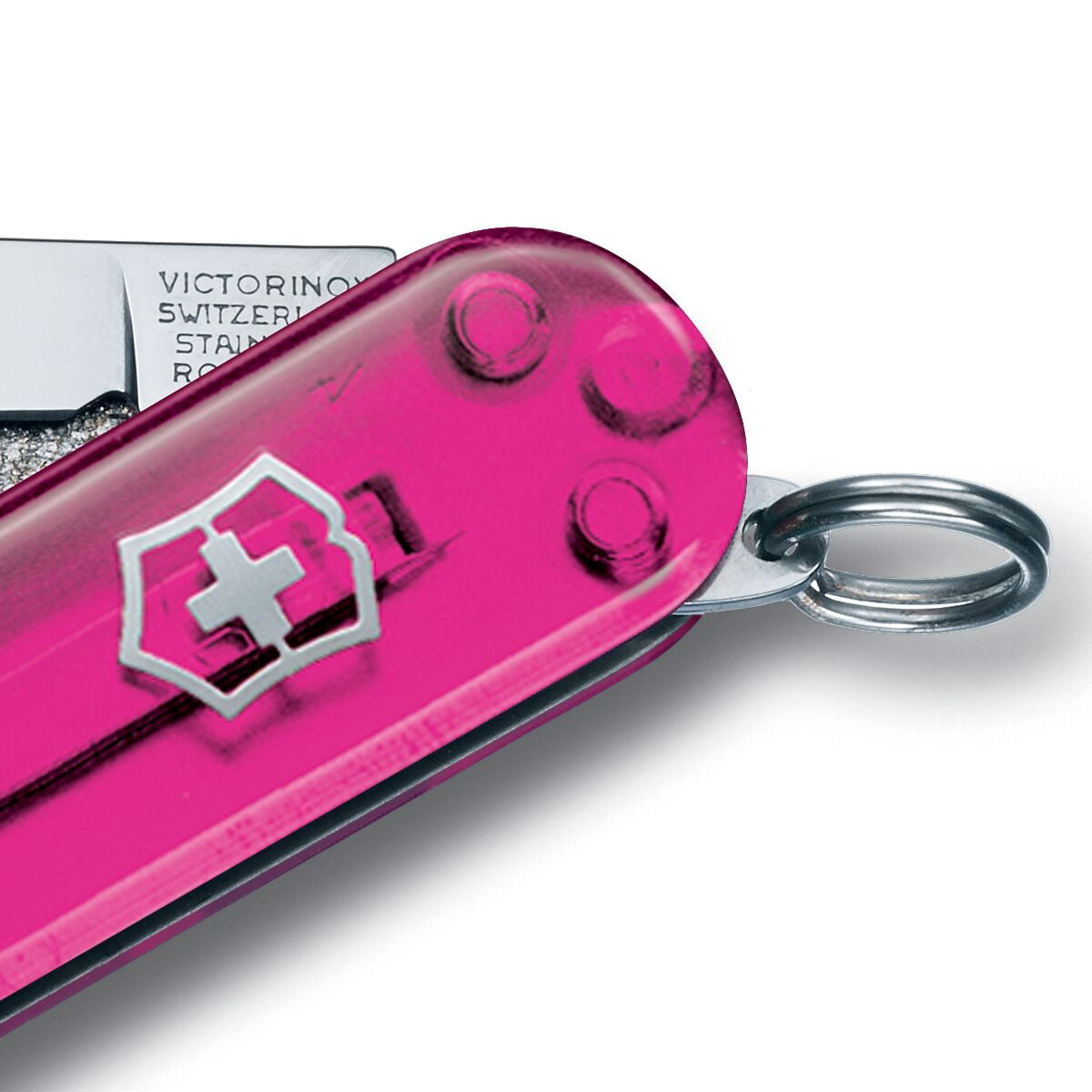 Victorinox Classic SD Swiss Army Knife, Compact, 7 Functions, Swiss Made Pocket Knife with Small Blade, Screwdriver and Key Ring - Transparent Pink