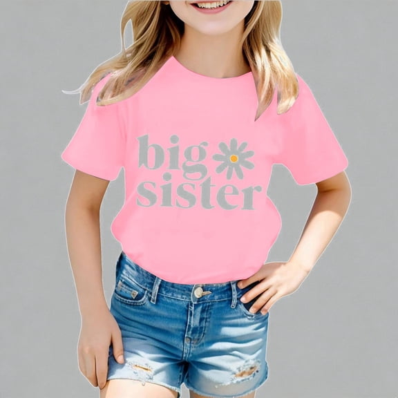 Krdevn Girls "Big Sister" Daisy Graphic Print Short Sleeve T-Shirt Casual Crew Neck Summer Tee for Kids,6-7 Years