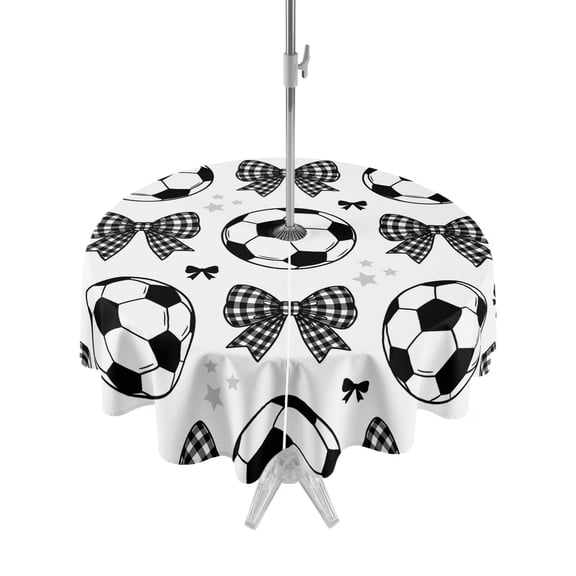 Outdoor Tablecloth with Umbrella Hole for Patio/Picnic/Party/Camping, Football Sports Waterproof Table Cloth Round Cover Washable, Modern Black White Plaid Bows Ball Games (Dia 60")