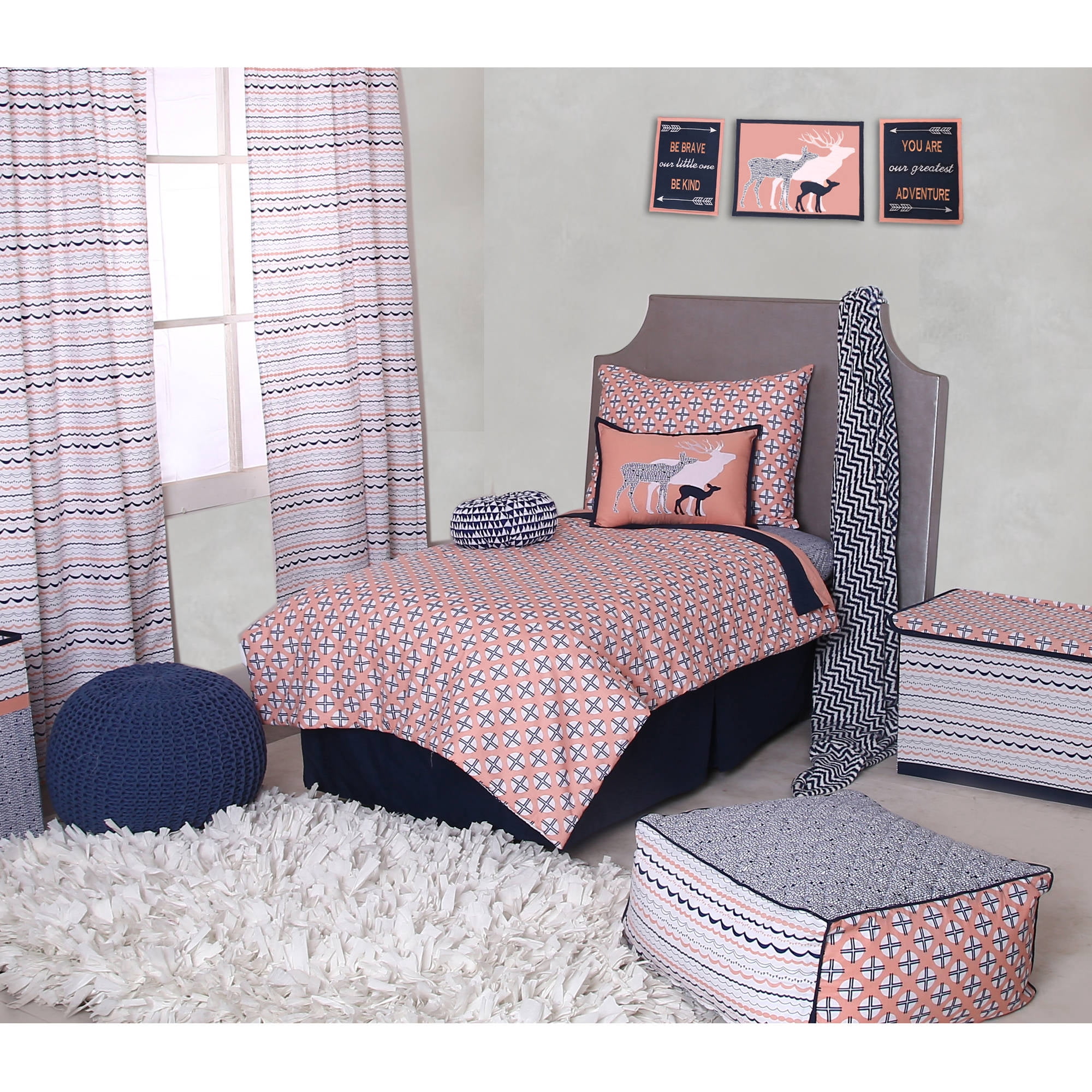Bacati - Olivia Tribal Coral/Navy 4-Piece Toddler Bedding Set 100% Cotton percale fabrics