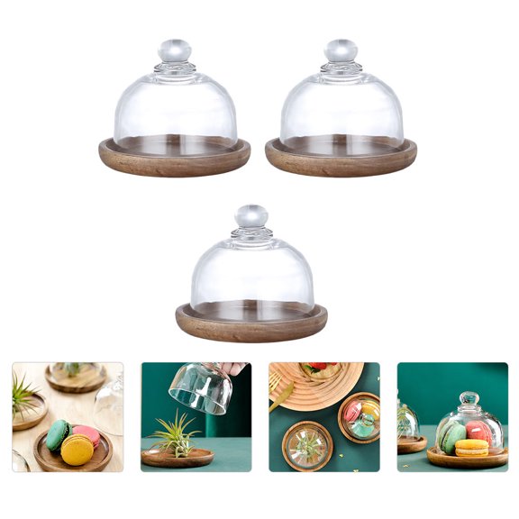 3-Piece Solid Wood Mini Dessert with Glass Lid - Cake, Bread, and Snack Display Plates