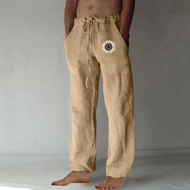 Ceisia Men's Gift Loose Straight-leg Sunflower Print Casual Pants Mid-Rise Elastic Drawstring Waist Side Print Pants