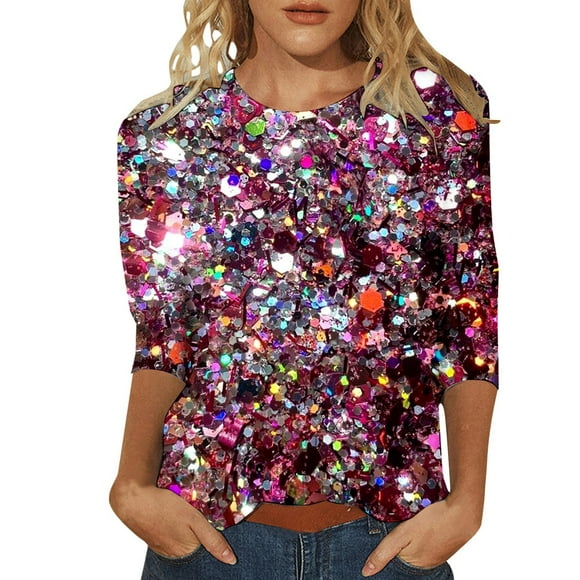 Shirts for Women Thin Casual Crew Neck 3/4 Sleeve Sequin Print Comfortable Ladies Summer Tops Hot Pink S
