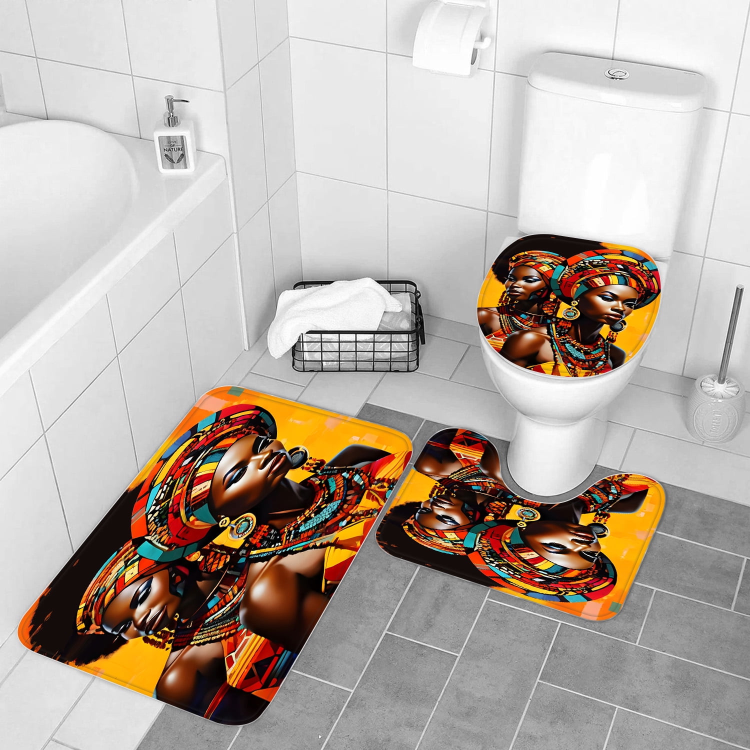 LVRLVR 1/4 Vibrant African Cultural Heritage Fabric Shower Curtain Rug Set - Black Girl Bath Mat Bathroom Decoration,Brown, 70.8" × 70.8"