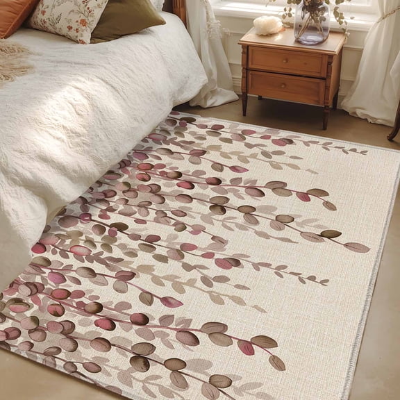 Area Rug for Living Room, Brown Eucalyptus Leaves Non-Slip Indoor Large Carpet for Bedroom/Dining Room, Spring Leaves Plants Country Beige Washable Low-Profile Floor Mat Runner Rugs - 2.7 x 5 Ft