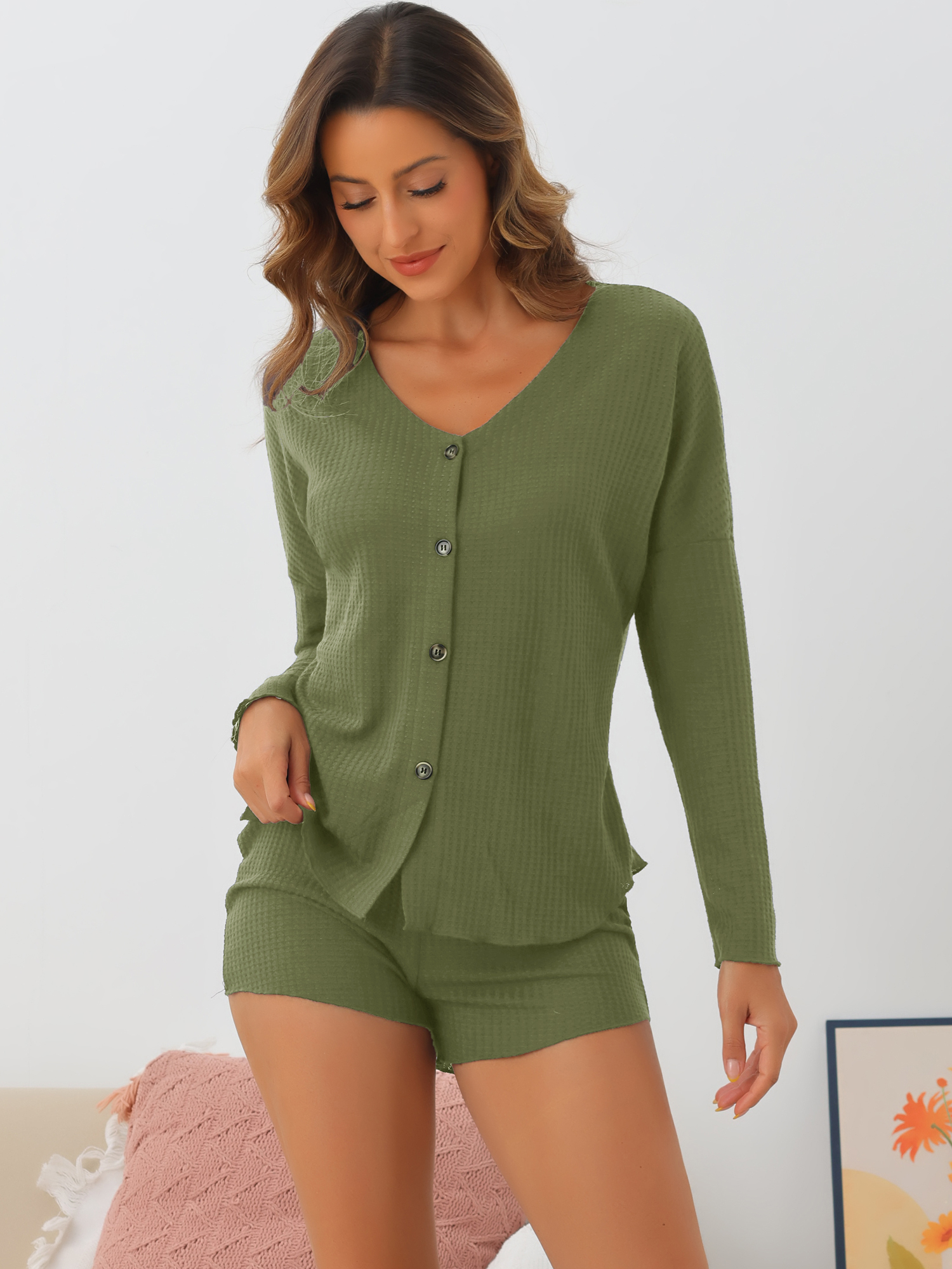 DARING DIVA Women's Waffle Knit Pajama Sets Lounge Set Long Sleeve Top Green XS