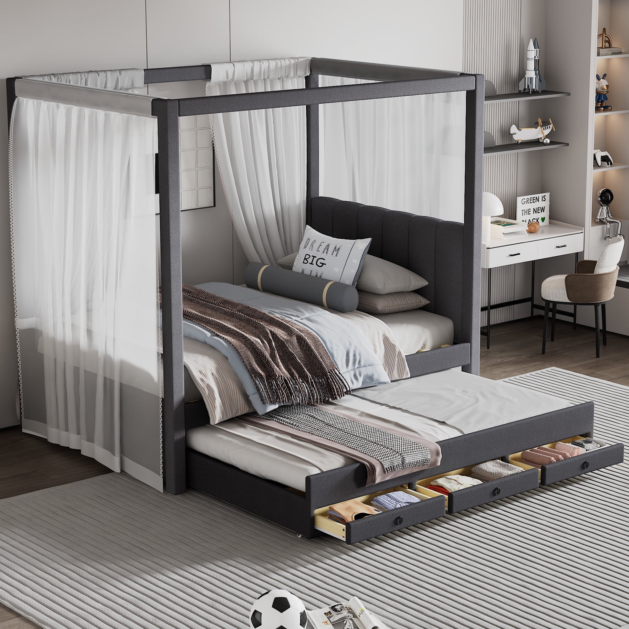 EUROCO Upholstered Twin Size Canopy Bed Frame with Trundle Bed and 3 Drawers, Platform Bed with Headboard for Kids Teens Adults, Gray