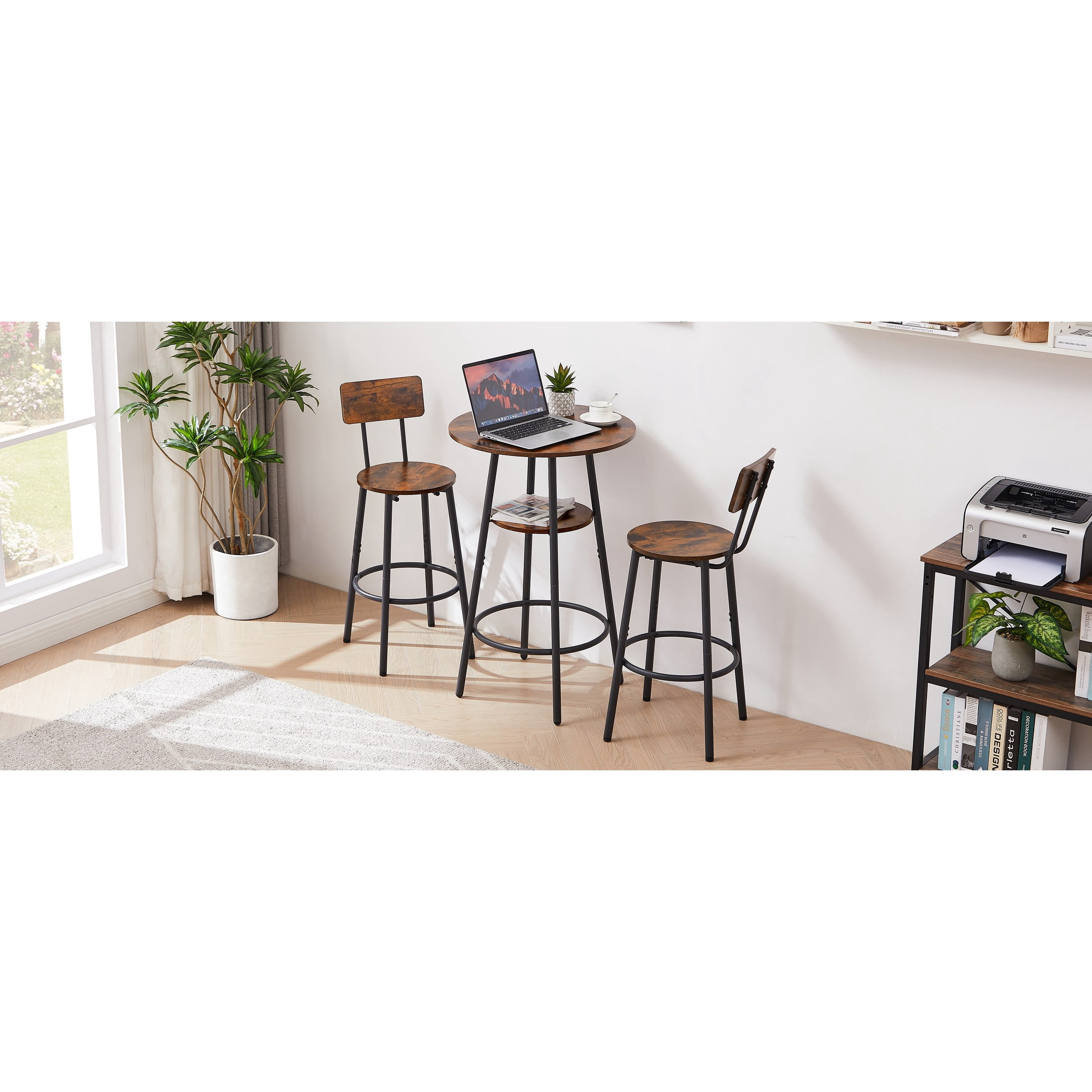 Round bar stool set with shelves, stool with backrest Rustic Brown, 23.6" Dia x 35.4" H