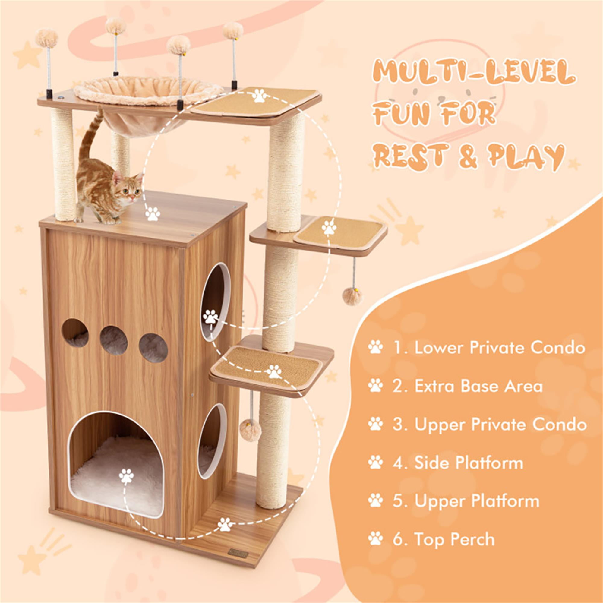 Kadyn 52" Wood Cat Tree Tower for Indoor Cats with Scratching Posts Washable Detachable Cushion, Teasing Balls, Modern Cat Condo Furniture for Large Cat, Beige