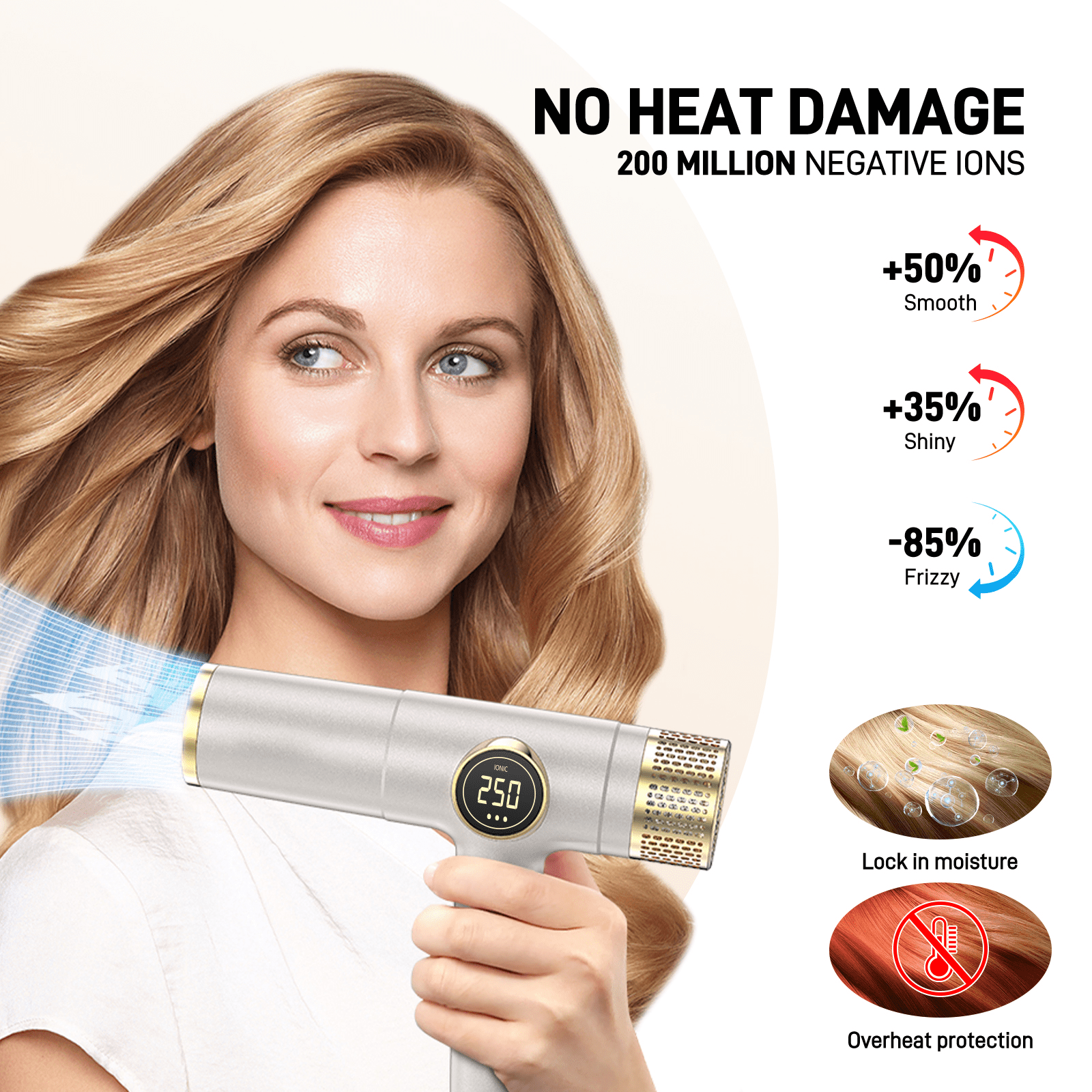 Professional 110,000 RPM High-Speed Hair Dryer with LED Display, 2000W Powerful Ionic Blow Dryer for Fast Drying, Brushless Motor Travel Dryer with Diffuser and Concentrators, Champagne Gold