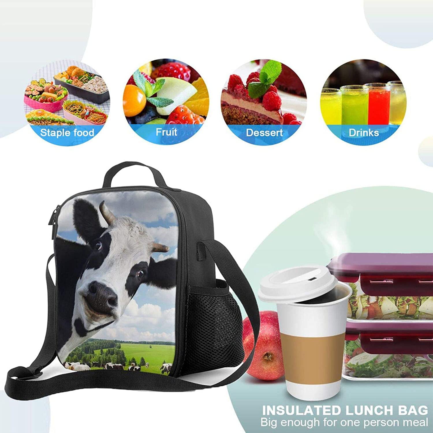 Cute Cartoon Milk Cow Lunch Bag for Women Insulated Lunch Box with Front  Pocket for Work Reusable Cooler Tote Bag for Office School Picnic Hiking  Beach (Penguin) 