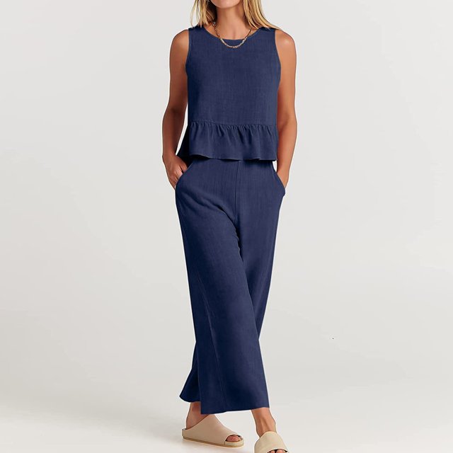 Trajes De Verano De 2 Piezas Conjuntos de pantalones de algodón de 2 piezas Ropa diaria de pierna ancha para mujer sin espalda (Azul oscuro S) Cgtredaw Para estrenar