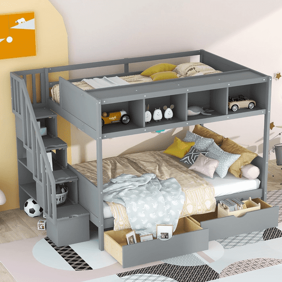 Bellemave Twin Over Full Bunk Bed with Stairs, Solid Wood Bunk Bed with 2 Drawers and 6 Storage Shelves, Stairway Bunk Beds for Teens Adults (Gray)