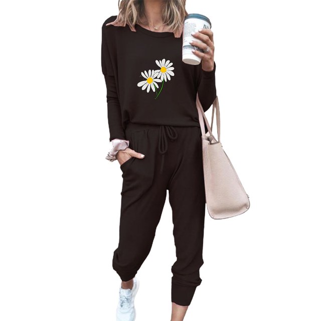 xiaxaixu Combinaison Décontractée pour Femme Pull à Manches Longues Imprimé Fleurs, Pantalon Large