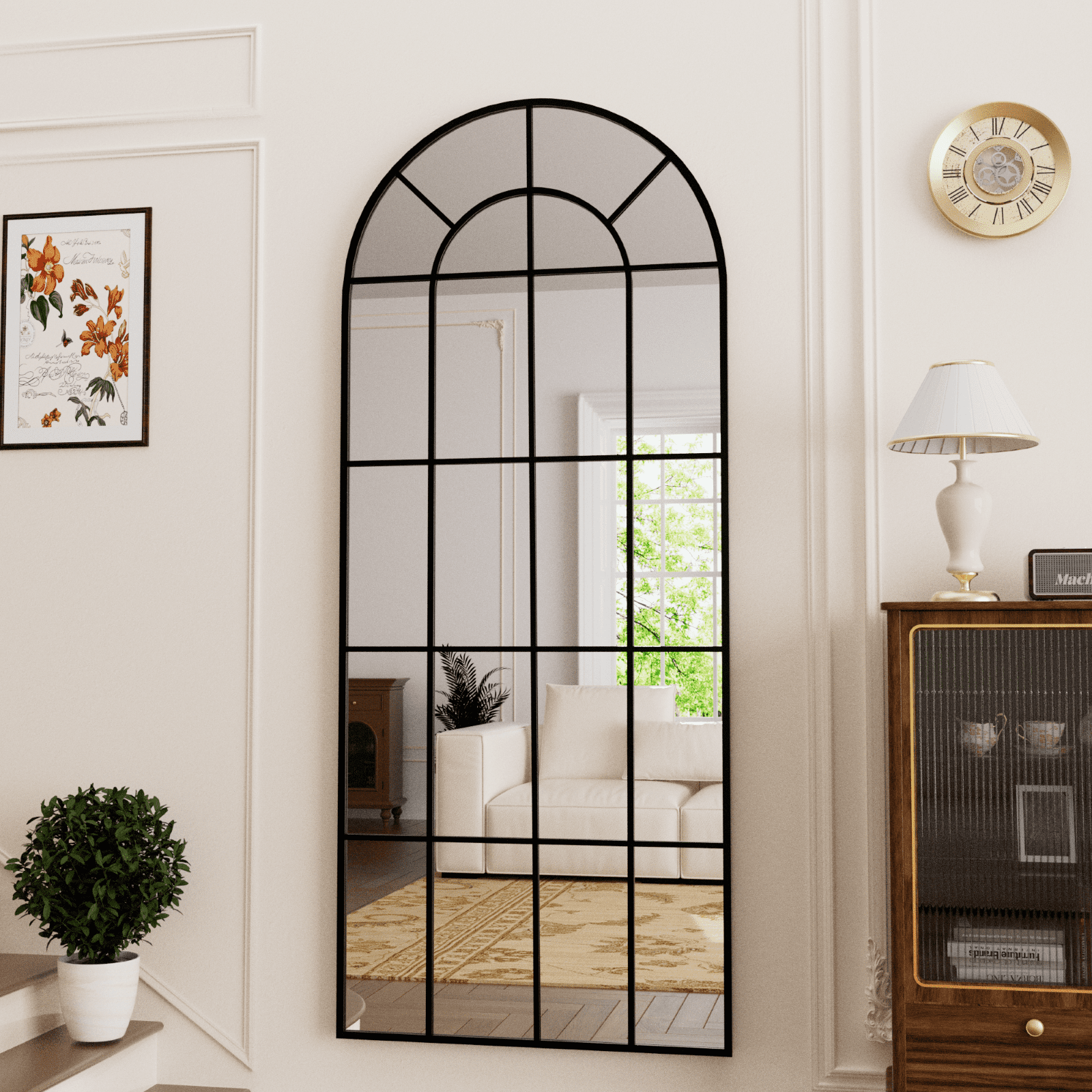 SHATTERVIEW 71"x30" Arched Full Length Mirror with Windowpane Wall-Mounted Leaning Mirror, Black