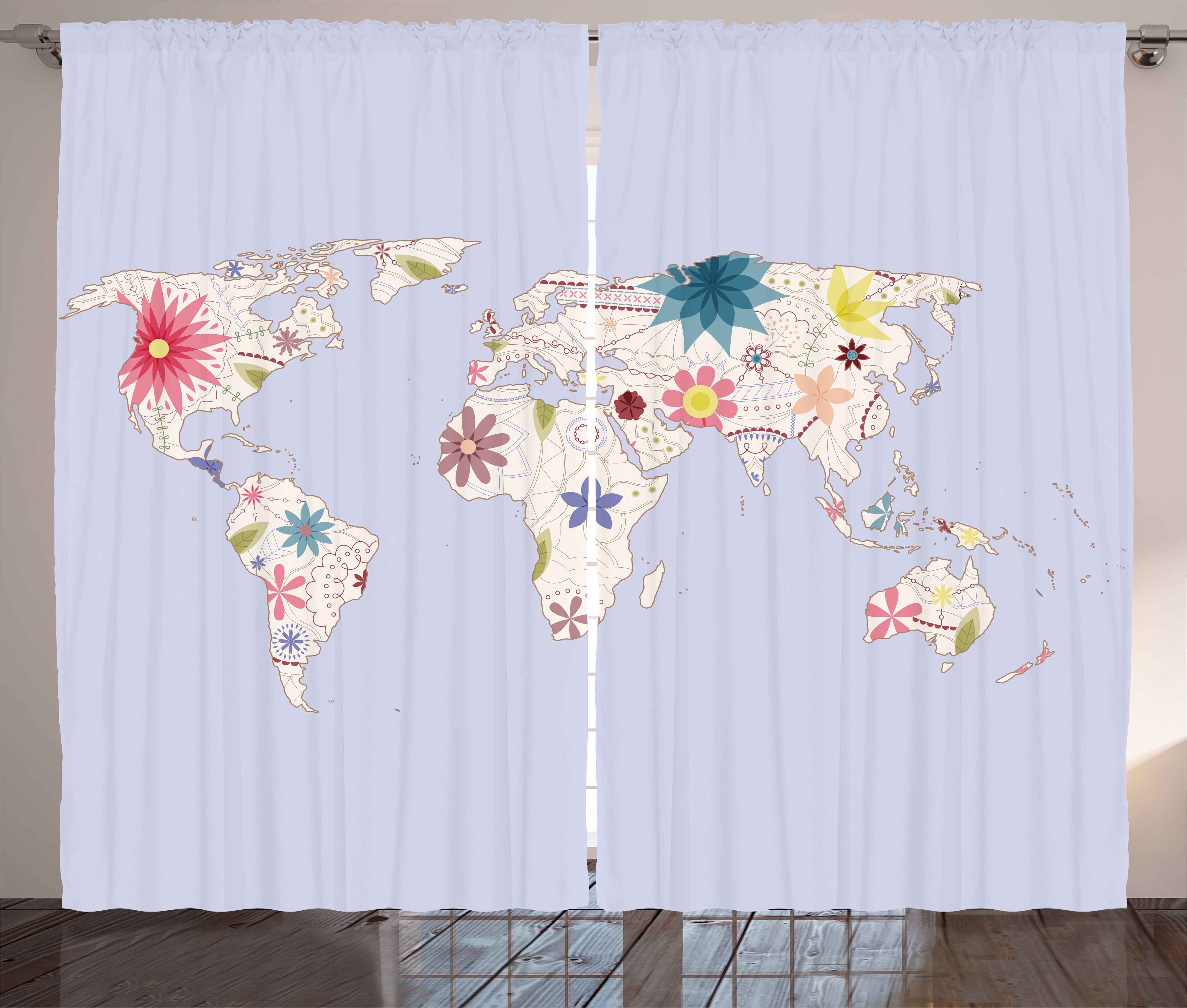 Playroom Curtains 2 Panels Set Retro Style World Map With Soft