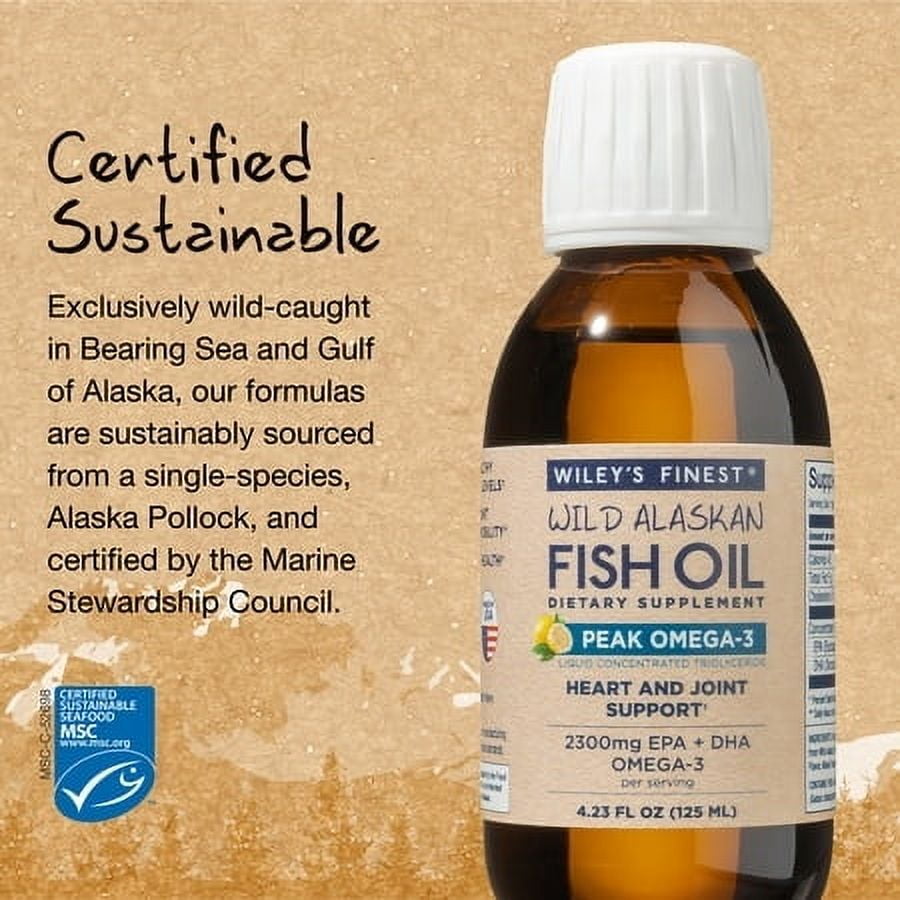 Wiley’s Finest Wild Alaskan Fish Oil Peak Omega-3 Liquid Supplement - 2300mg EPA and DHA Omega-3s - Lemon Flavor - 4.23 Oz (25 Servings)