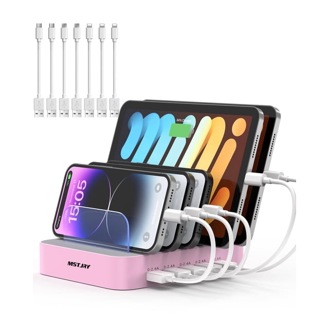 Estación de carga USB-A de 5 puertos MSTJRY con 7 cables, color rosa