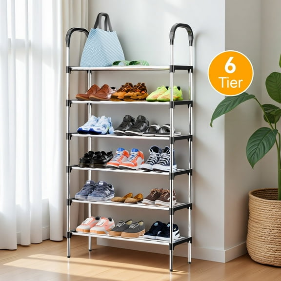 6-Tier Metal Shoe Rack Organizer for Entryway, Multifunctional Shoe Storage Shelf for Hallways, Bedrooms, Bathrooms, Offices, and Living Rooms, Silver and Black