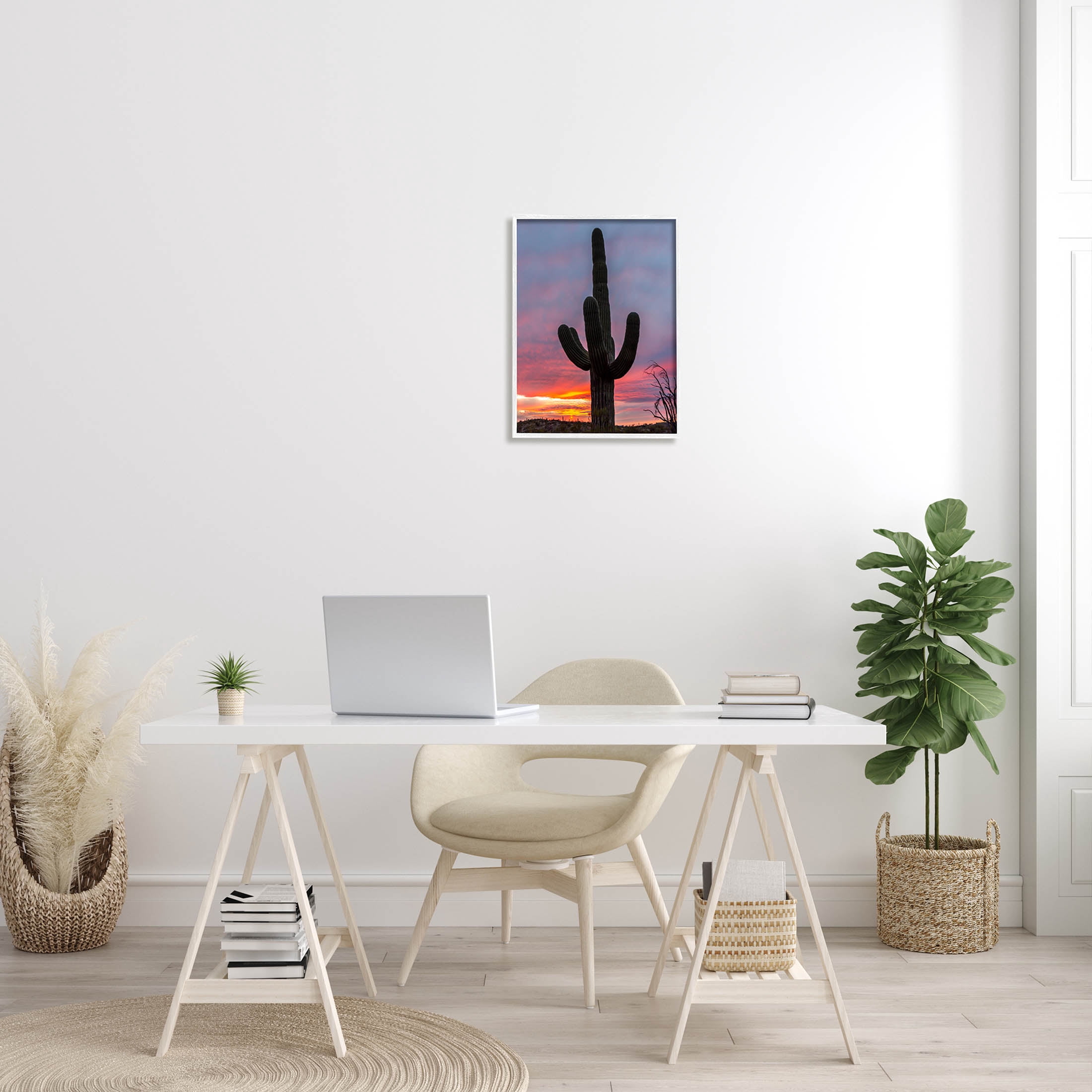 Looming Desert Cactus Silhouette Landscape Photograph White Framed Art Print Wall Art