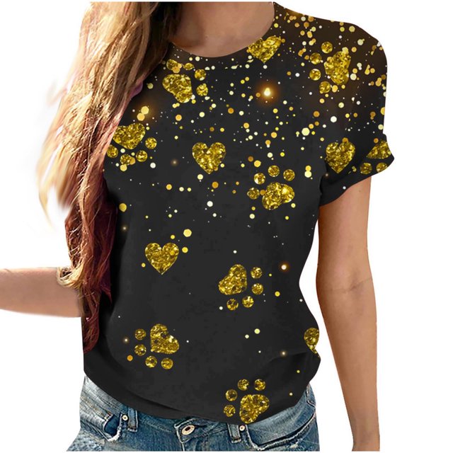 Plebaso T-Shirts Imprimés pour Femmes Col Rond Dégradé Manches Courtes Mode Ample T-Shirts pour Femmes