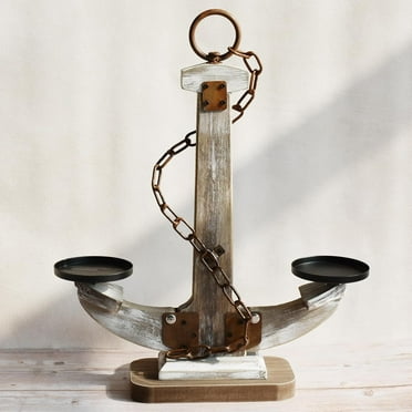 Vintage maritime style boat anchor shaped iron wooden ornament with tray and chain decoration