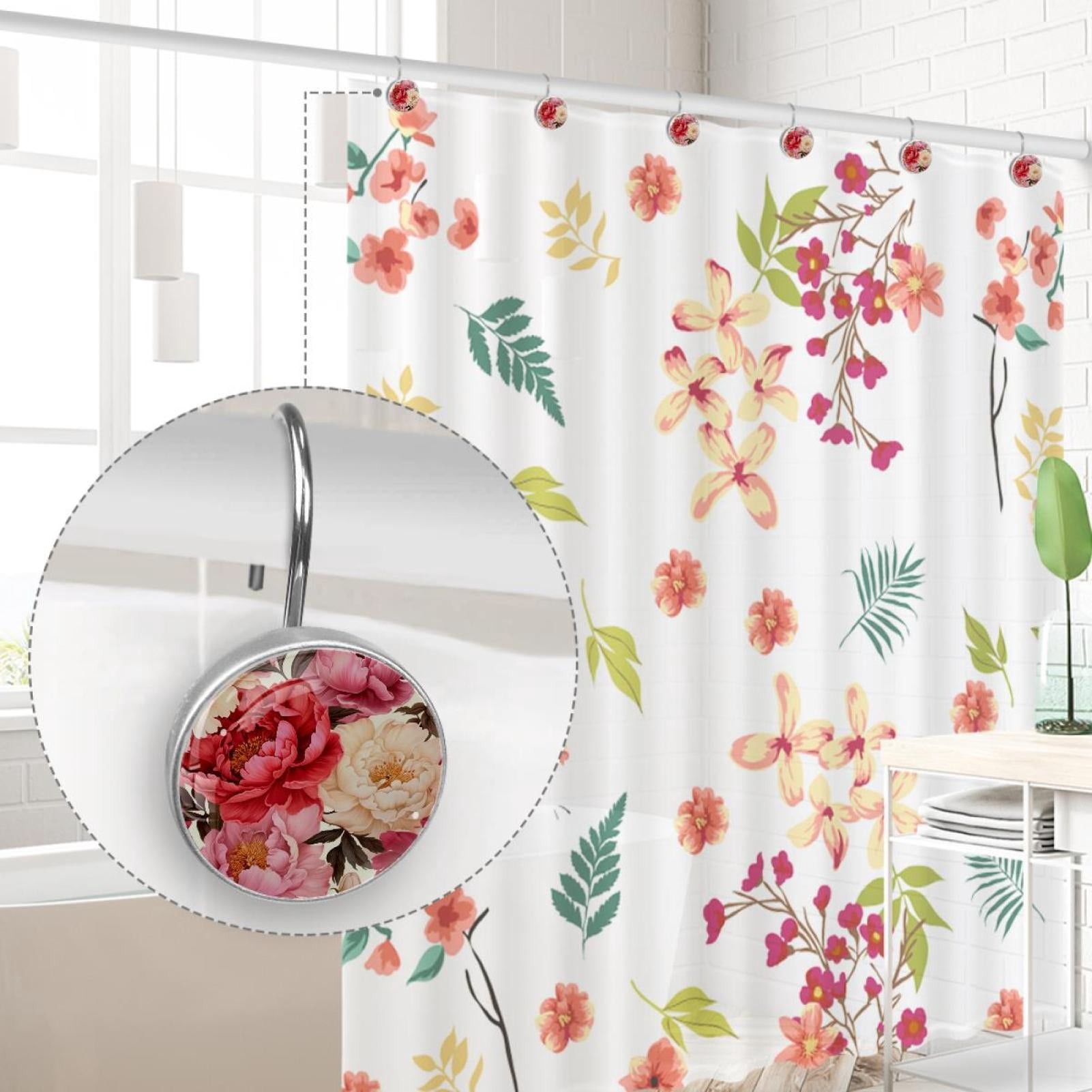 Blossom Peony Flowers Rolling Shower Curtain Hooks, Clear Crystal Glass Art Decorative Stainless Bath Bathroom Set 12 Pcs