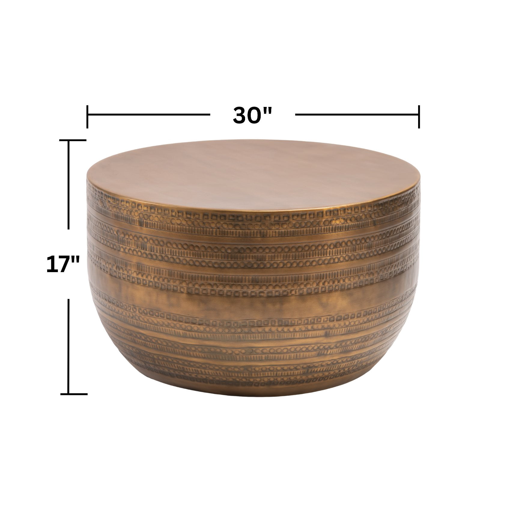 Modern Round Aluminum Hammered Embossed Texturing Metal Drum Coffee Table, Hand-Stamped Iron, Boho Accent Cylinder Drum Coffee Table, Cocktail Table,Brass