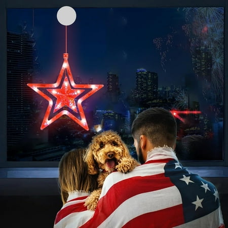 Sheghy 4th of July Star Window Lights Patriotic Red White and Blue Lights with Suction Cups Battery Powered String Lights Standalone Memorial Day Decoration Double Fiv