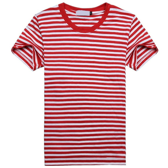 MYG Casual Shirts Mens Short Sleeve Striped Red White Cotton tee Shirt Summer Holiday Travel Basic Pullover Crew Shirt (L)