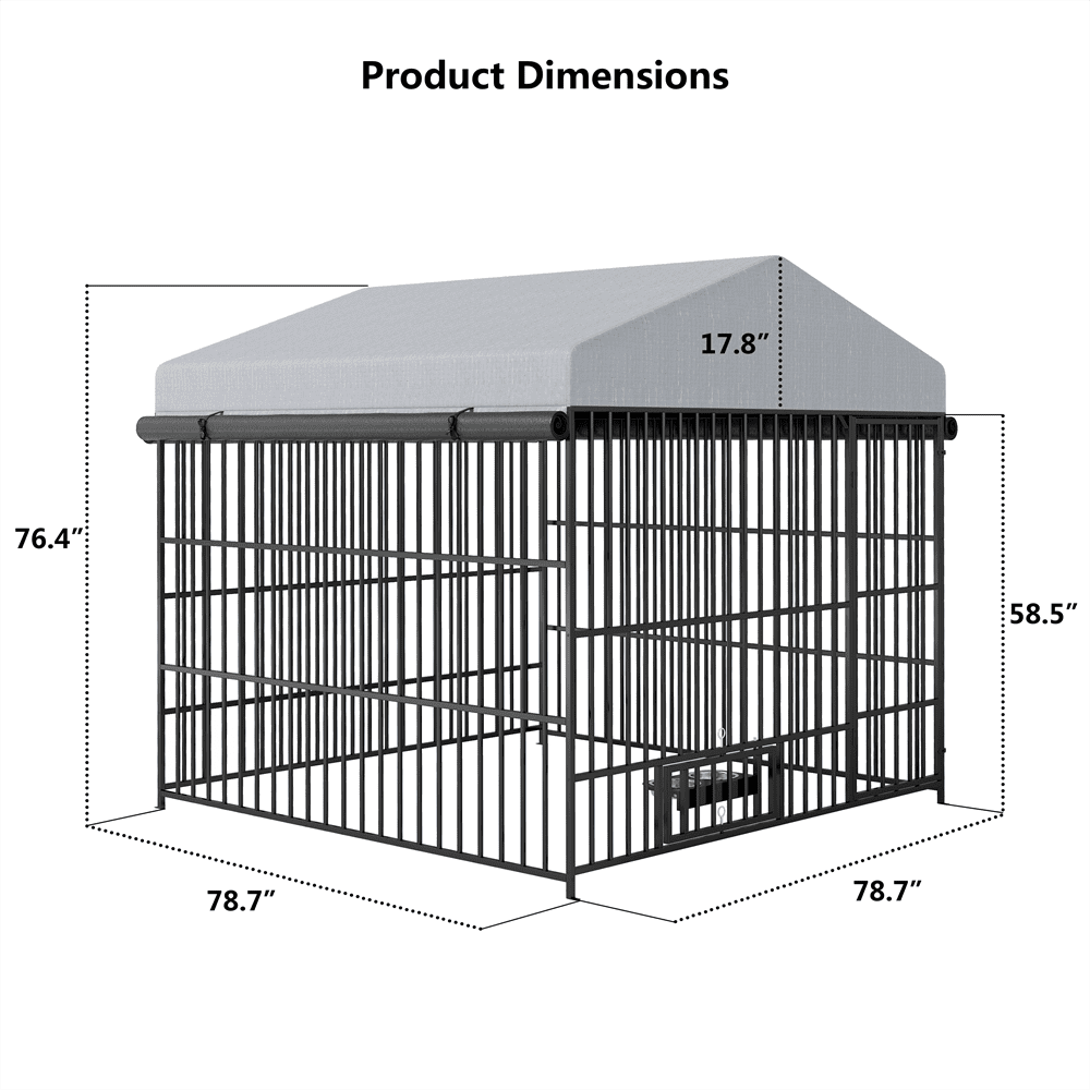MIDOQIN Outdoor Dog Kennel with Roof Cover, Lockable Feeding Door, 2 Stainless Steel Bowls, Heavy-Duty Pet Enclosure Fence with Canopy, 6.6'L x 6.6'W x 6.4'H