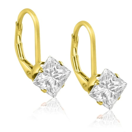 Cut Ruby Dangling Earrings Gold Plated Sterling Silver Square Princess Cut 5x5mm White CZ Leverback Dangling Earrings ()