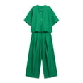 thumbnail image 5 of Cagogo Women's Plus Size 2 Piece Set Casual Round Neck Short Sleeve Tops Wide Leg Pants Loose Boho Summer Outfits Solid Cruise Matching Lounge Travel Clothes, Green XL, 5 of 5