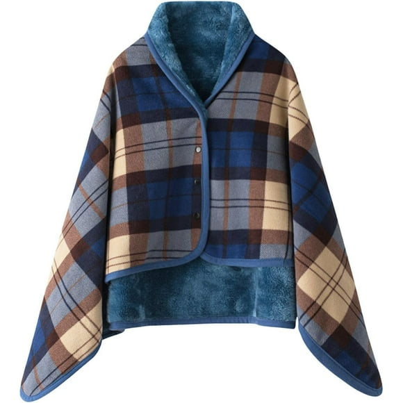 Women's Wearable Blanket Fleece Wrap Shawl Poncho Blanket Cape Flannel Comfy Throw with Buttons Fall Winter #15-dark Blue Large