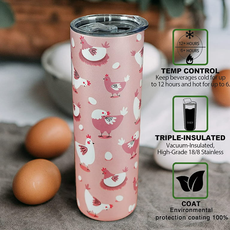 Chicken Tumbler with Lid and Straw- Chicken Gifts for Chicken Lovers Women  Girls -Cute Hen Chicken Mug, Skinny Tumbler Cup-Pink Farm Animals Insulated