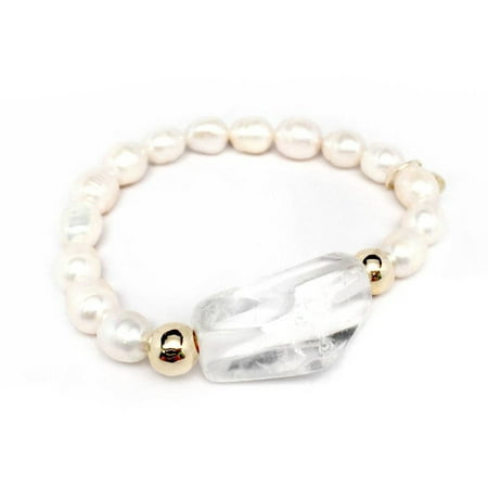 Julieta Jewelry Freshwater Pearl and Crystal Quartz Rock Candy 14kt Gold over Sterling Silver Stretch Bracelet