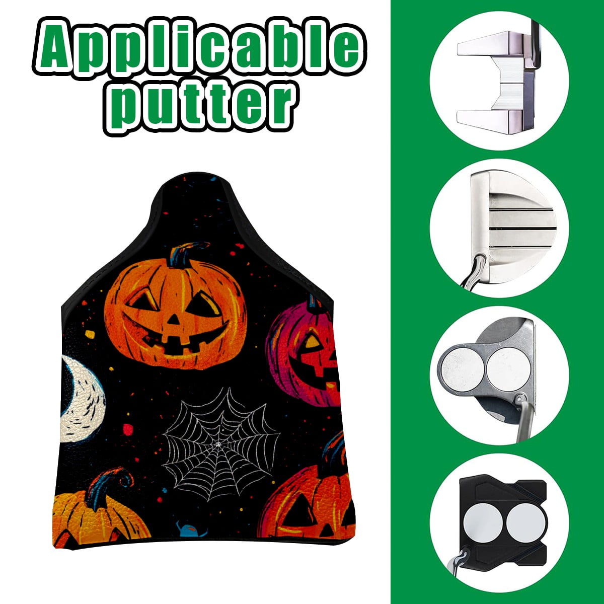 Golf Mallet Putter Cover Premium Leather Waterproof Golf Putter Head Cover with Magnetic Closure Cute Halloween Pumpkin