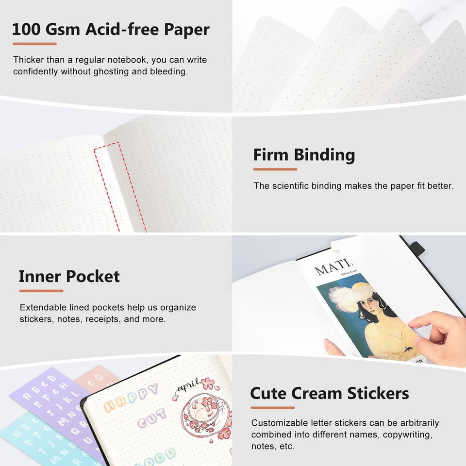 A6 Dotted Journal Notebook With Pen Holder Hardcover Dot Grid Notebook +Stickers