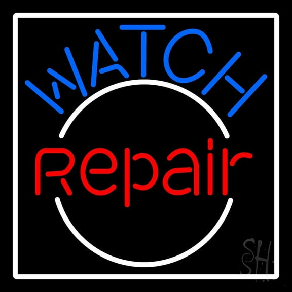 Watch Repair With White Border LED Neon Sign 24 x 24 - inches, Clear Edge Cut Acrylic Backing, with Dimmer - Bright and Premium built indoor LED Neon Sign for Computer & Electronics store decor.