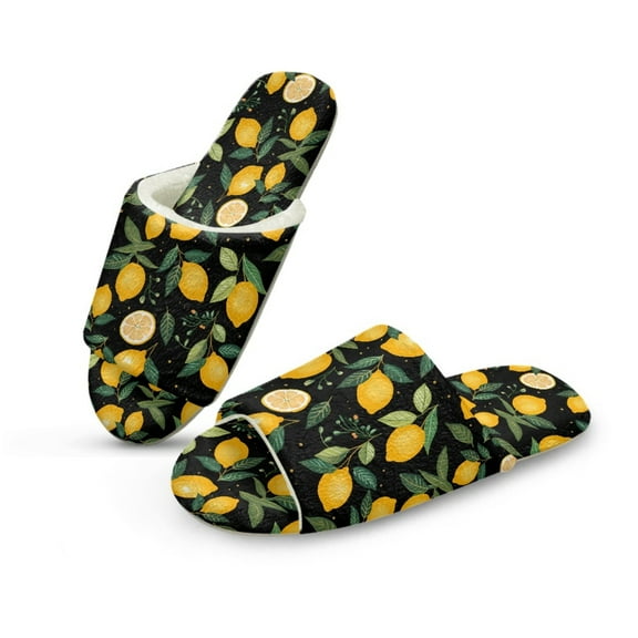 Xoenoiee Lemon Leaves Print Cotton House Slippers for Women Open Toe Slippers Breathable Bedroom Indoor Shoes with Memory Foam, 6-7 Women/ 5-6 Men
