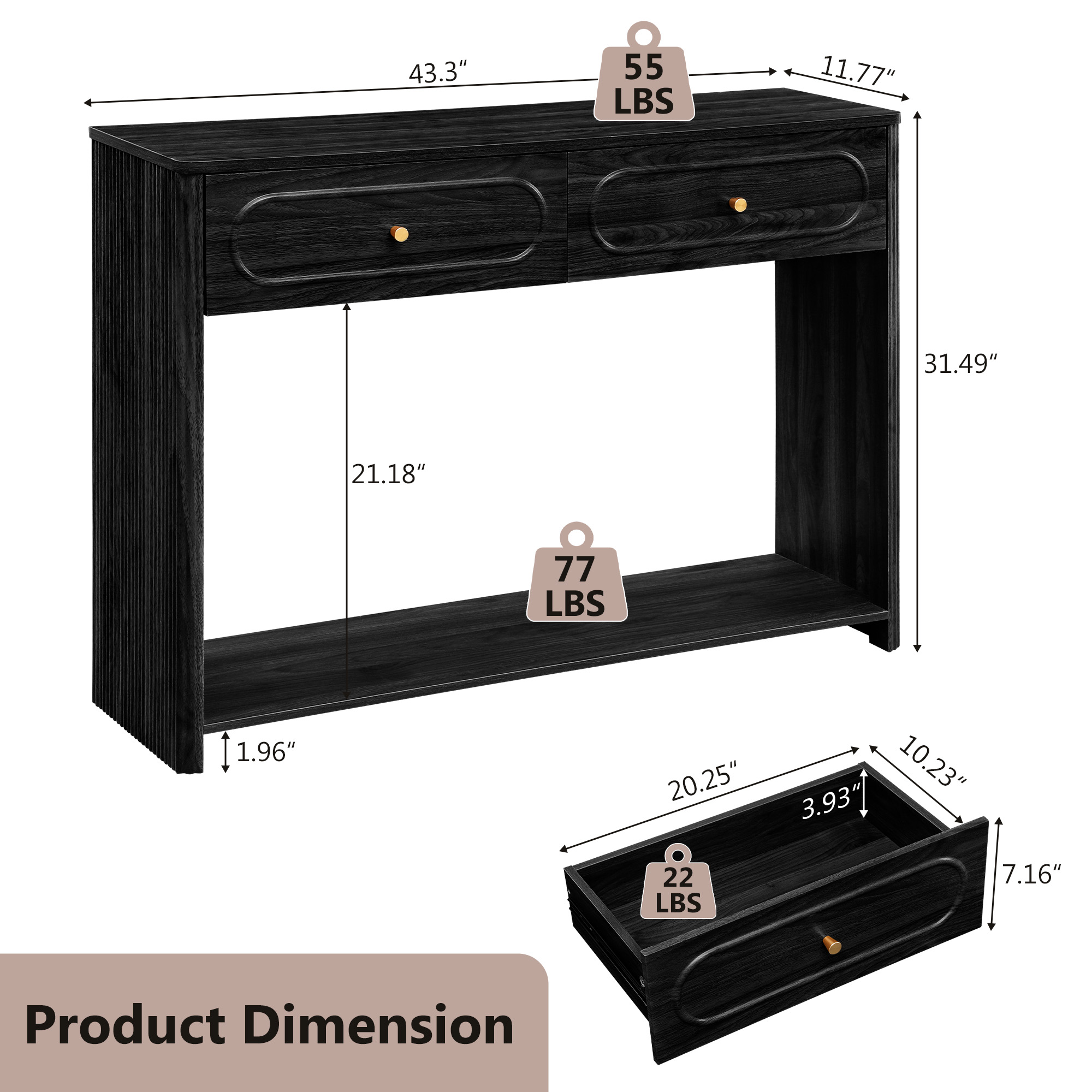 Wirrytor Black Console Table with 2 Drawers for Entryway, Modern Sofa Table for Living Room, Narrow Sofa Table with Open Storage Shelf, Hallway Table and Couch Table Behind Sofa