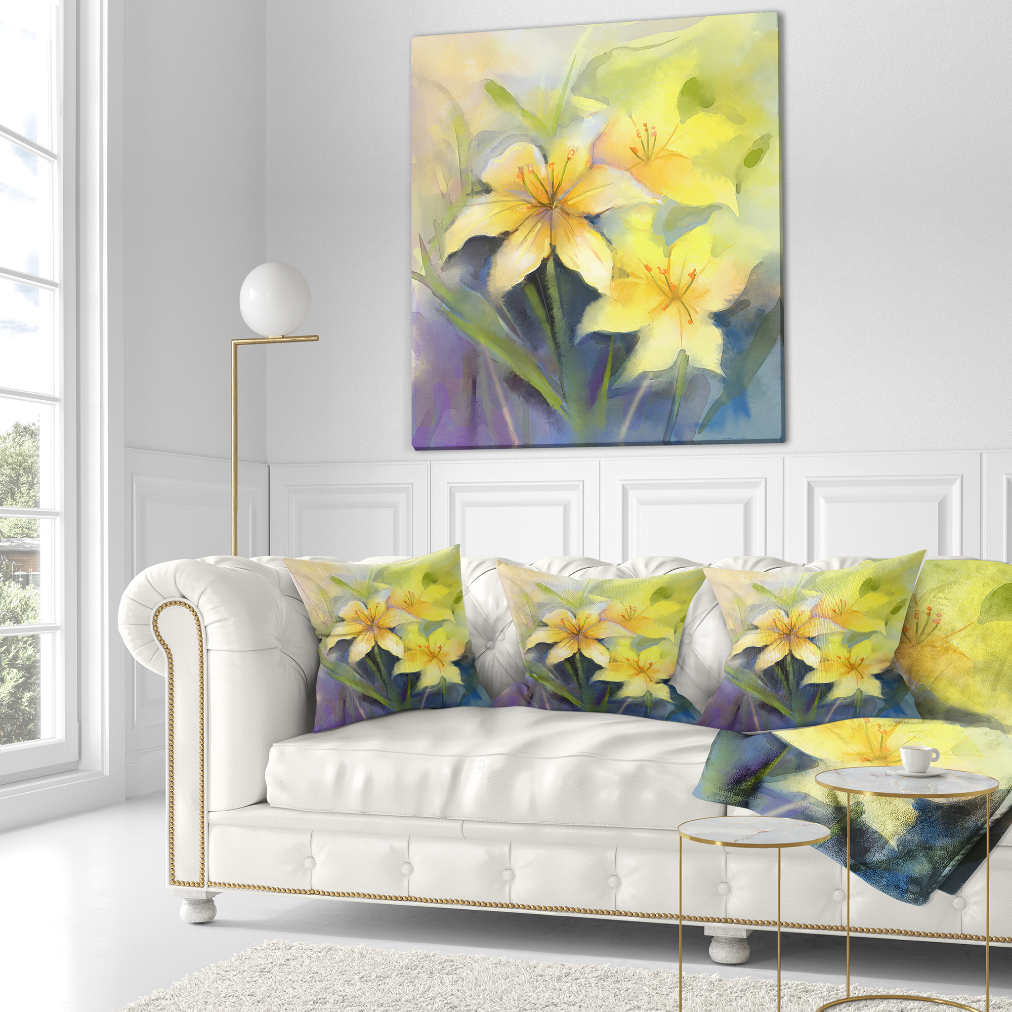 Designart Watercolor Painting Yellow Lily Flower - Floral Throw Pillow - 18x18