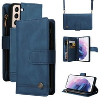 Feishell for Samsung Galaxy S22 5G 6.1 inch Zipper Wallet Case with Wrist Strap & Shoulder Strap,Premium PU Leather Magnetic Clasp Flip Holder Card Slots Crossbody Phone Case for Women Men,Blue