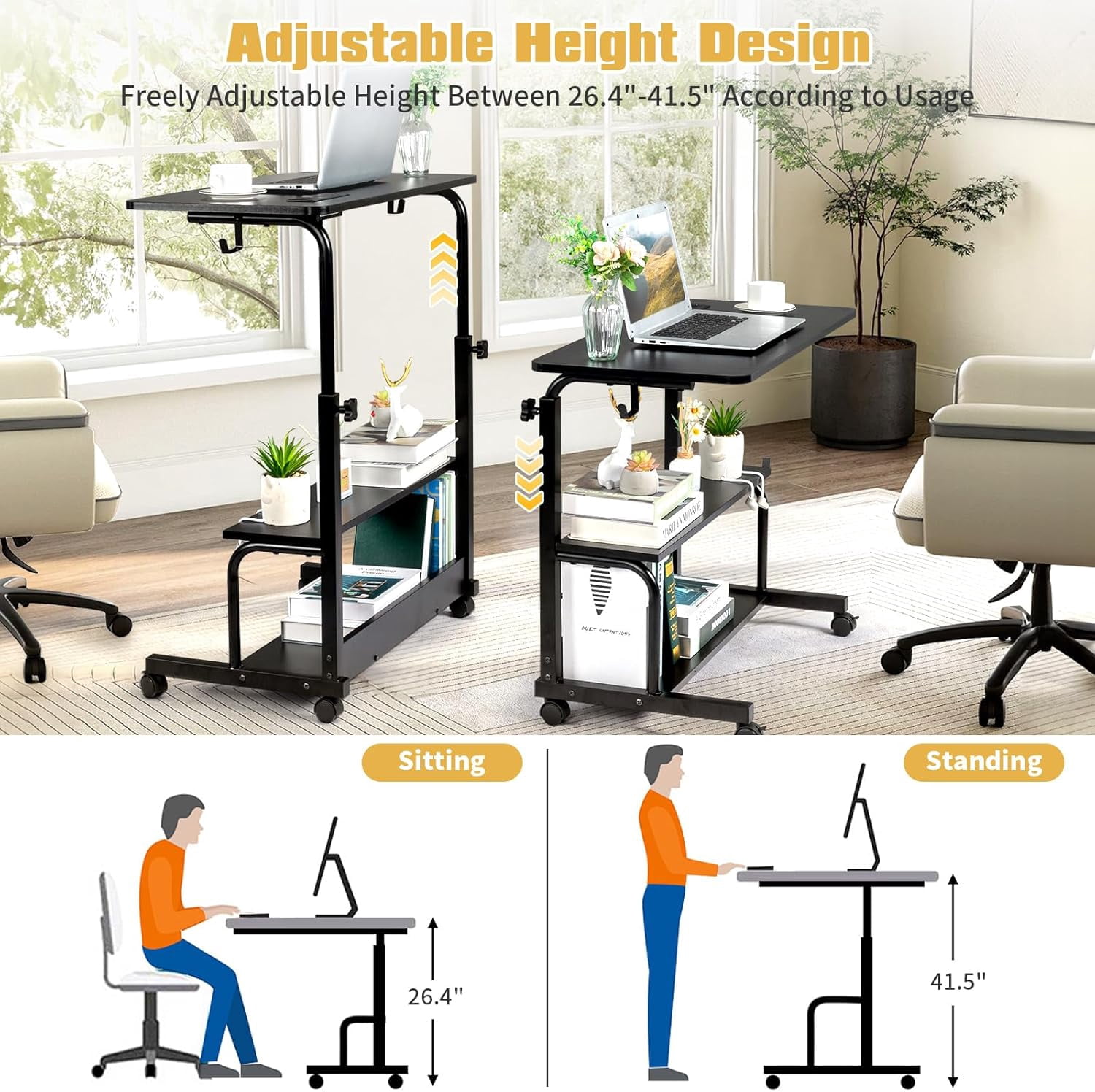 JessieMal 31.5" Portable Rolling Desk on Wheels,Height Adjustable Standing Desk with 2 AC Outlets/3 USB Ports,Mobile Laptop Table with Hooks and Storage Shelves for Home Office，Black