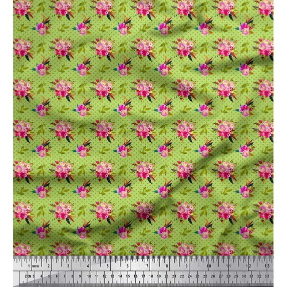 Soimoi Green Moss Georgette Fabric Dot & Ranunculus Floral Print Fabric by Yard 42 Inch Wide