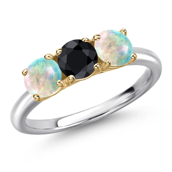 Gem Stone King 925 Silver and 10K Yellow Gold Black Sapphire and Simulated White Opal Engagement Ring for Women | 1.69 Cttw | Round 5MM | Gemstone September Birthstone | Size 5