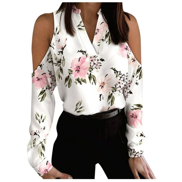 Tops Para Mujer Camisas de Manga Larga Blusas Con Hombros Descubiertos Cuello en V Jersey Estampado Odeerbi ODB153482