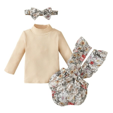 

Zlekejiko Girls Long Sleeve Ribbed Tops T Shirt Floral Prints Suspenders Shorts Headbands Outfits