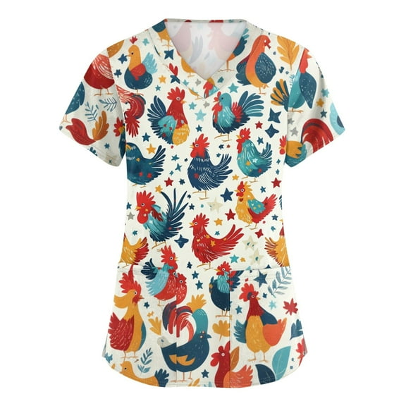 July 4Th Shirts For Women, Of Scrub Tops Women Plus Size V Neck Short Sleeve Workwear With Pockets Red White And Royal Blue American Flag Top Outfits Shirts Outfits Shirts (5XL, Beige) ZMTing